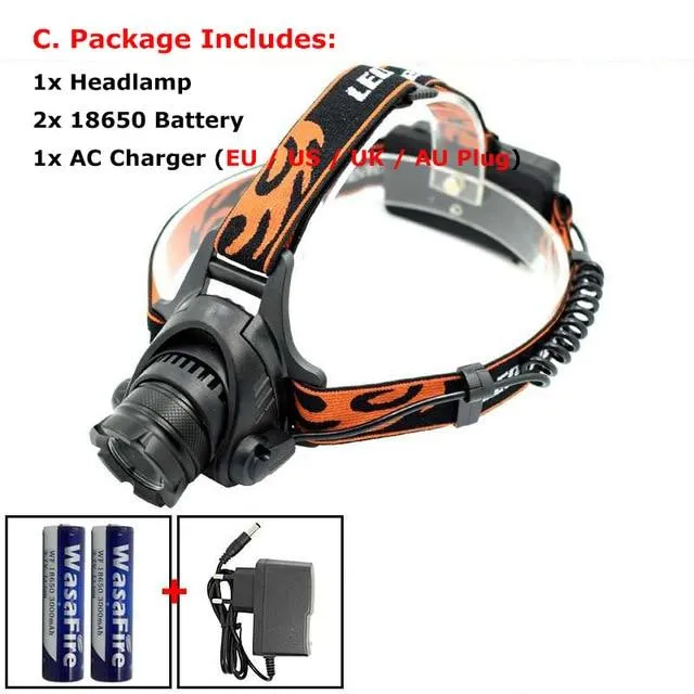 Zoomable Headlamp 5000LM XM-L2 LED Head Torch powerful Lamp frontal led running Headlight forehead Light  18650 Battery  Charger
