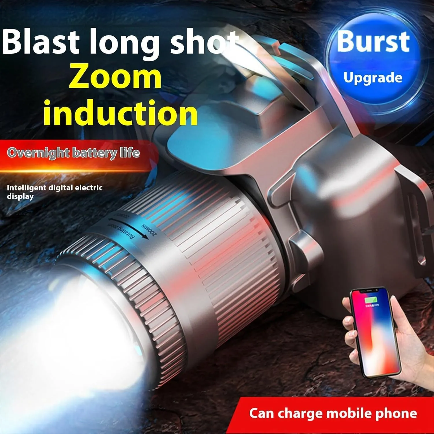 Zoomable LED Headlamp with 6 Modes & Motion Sensor, Rechargeable Head Lamp Motion Sensor Super Bright Headlamp with Red Light Flashlight for Running Camping (Silver)
