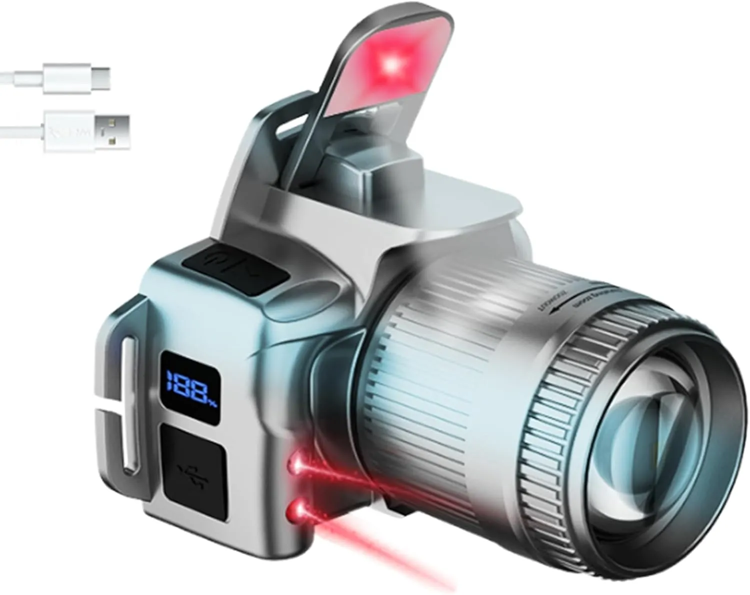 Zoomable LED Headlamp with 6 Modes & Motion Sensor, Rechargeable Head Lamp Motion Sensor Super Bright Headlamp with Red Light Flashlight for Running Camping (Silver)