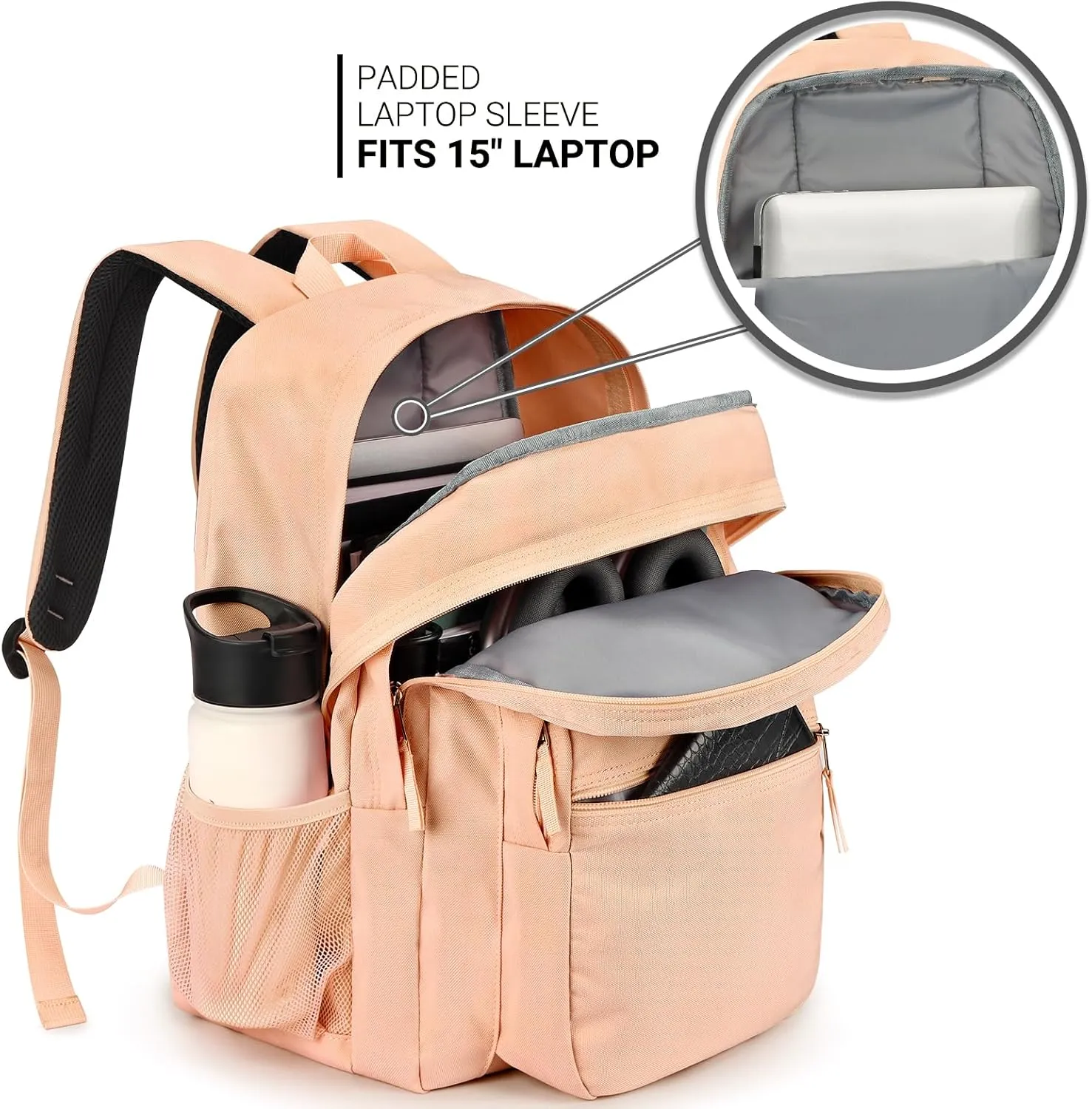 ZORFIN 26L Backpack for School, College, and Travel: Water Resistant Bookbag with 8 Compartments - Misty Rose