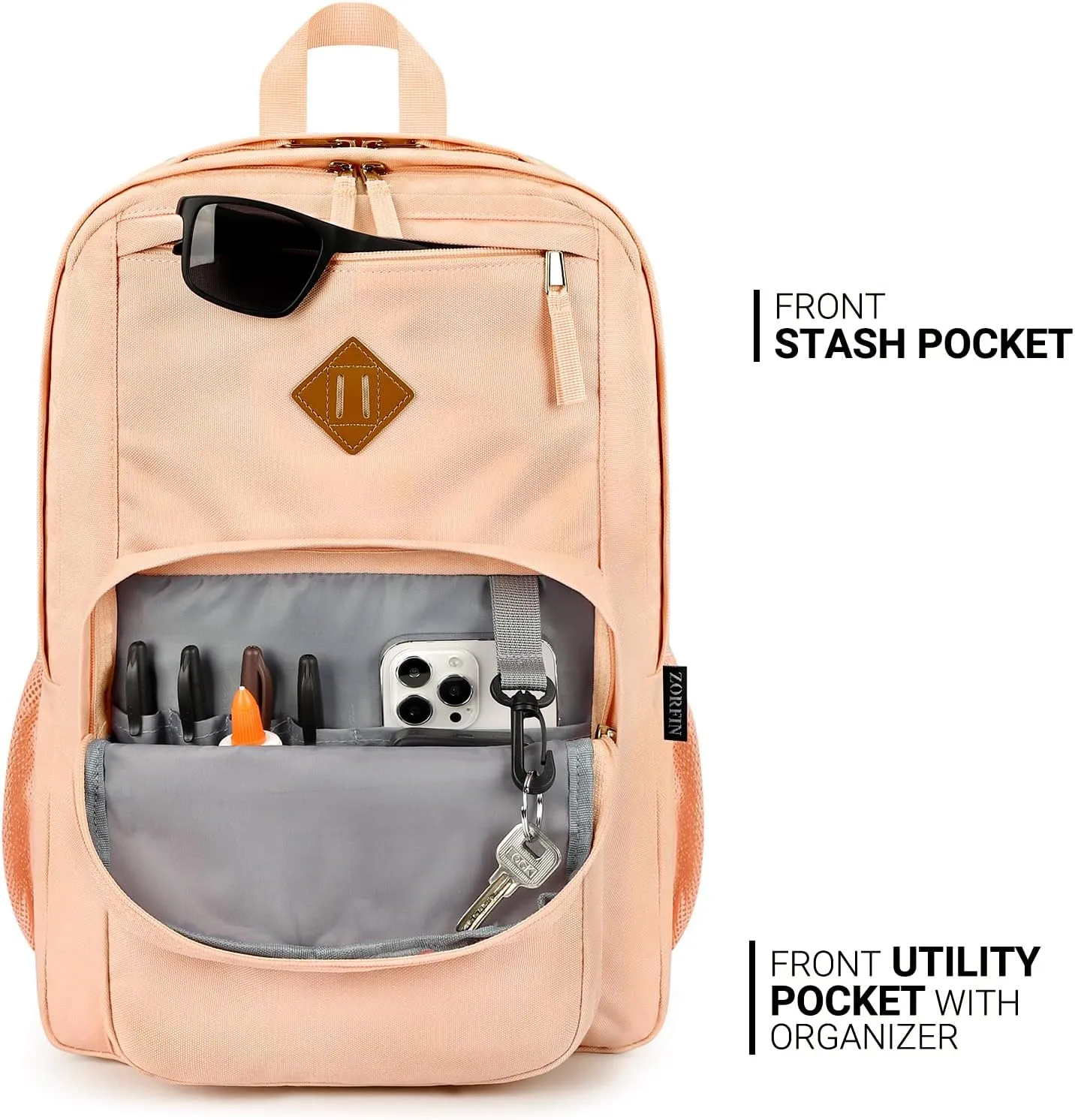 ZORFIN 26L Backpack for School, College, and Travel: Water Resistant Bookbag with 8 Compartments - Misty Rose