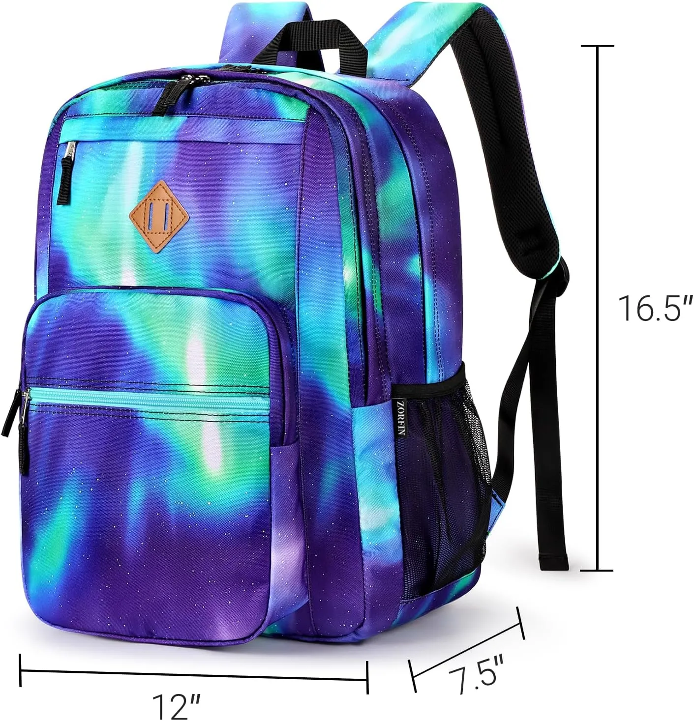 ZORFIN 26L Backpack for School, College, and Travel: Water Resistant Bookbag with 8 Compartments - Night Aurora SkyBlue