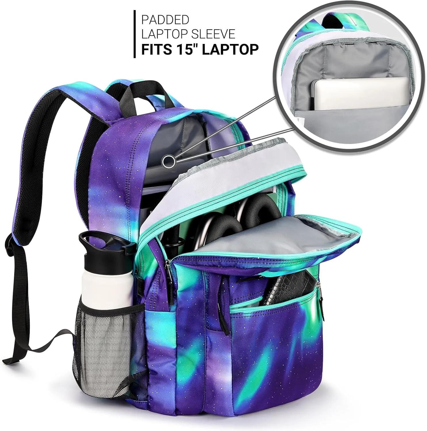 ZORFIN 26L Backpack for School, College, and Travel: Water Resistant Bookbag with 8 Compartments - Night Aurora SkyBlue