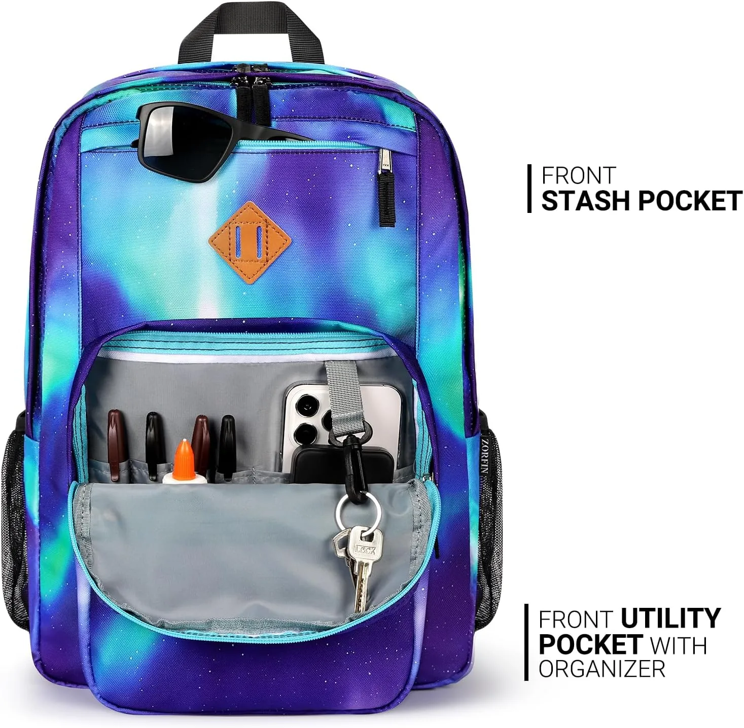 ZORFIN 26L Backpack for School, College, and Travel: Water Resistant Bookbag with 8 Compartments - Night Aurora SkyBlue