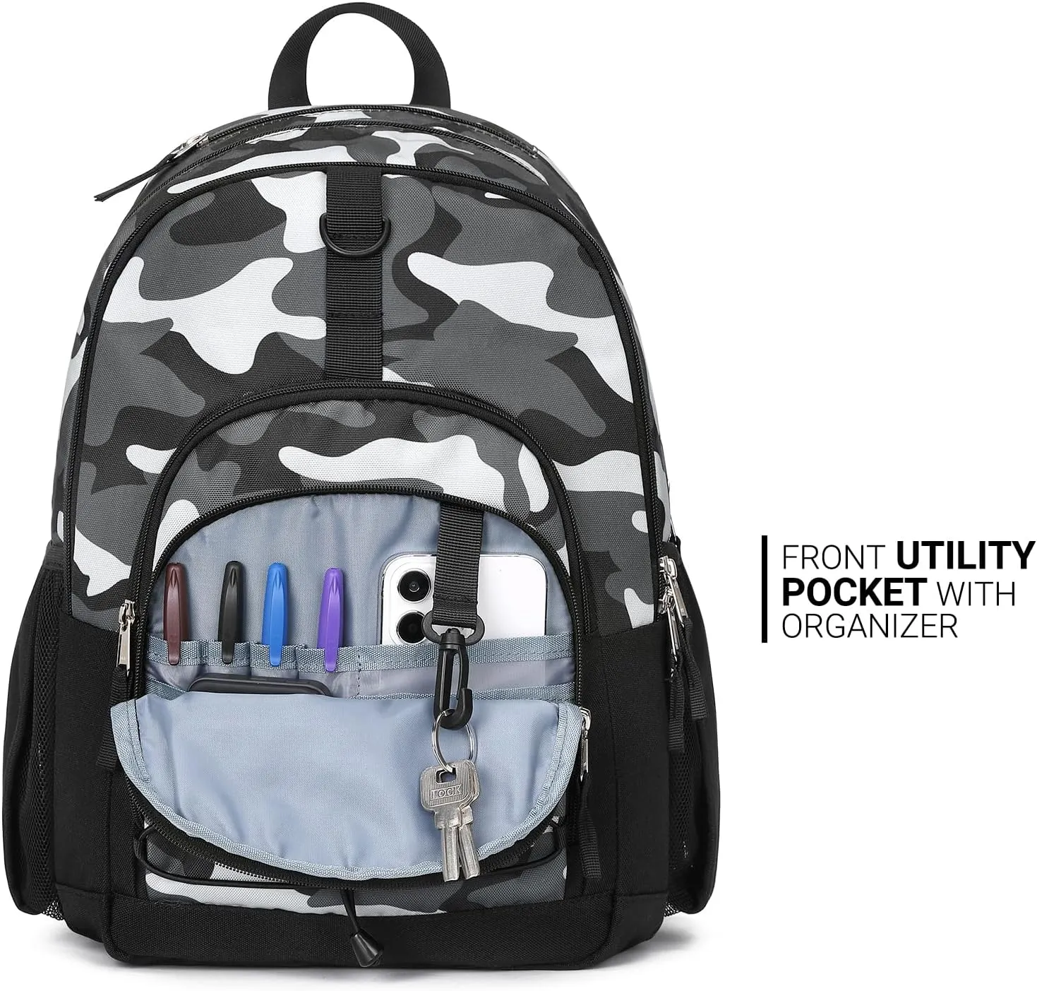 ZORFIN Backpack for School, Travel: Bookbag for Girls Boys - Kids Backpack with Multi Compartments - Camo Black