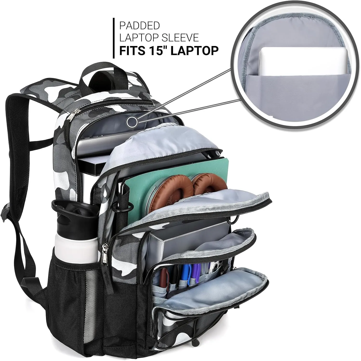 ZORFIN Backpack for School, Travel: Bookbag for Girls Boys - Kids Backpack with Multi Compartments - Camo Black