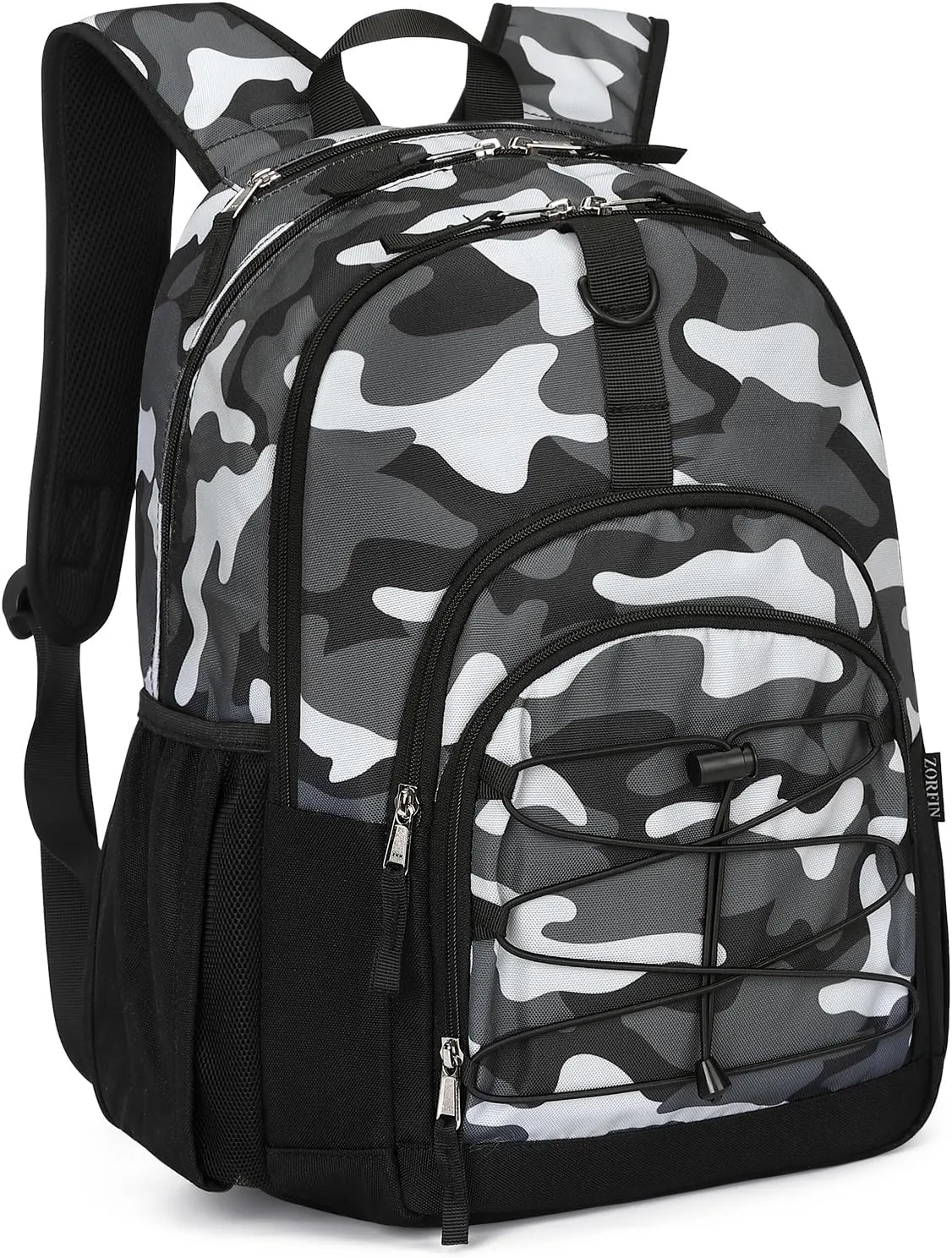 ZORFIN Backpack for School, Travel: Bookbag for Girls Boys - Kids Backpack with Multi Compartments - Camo Black