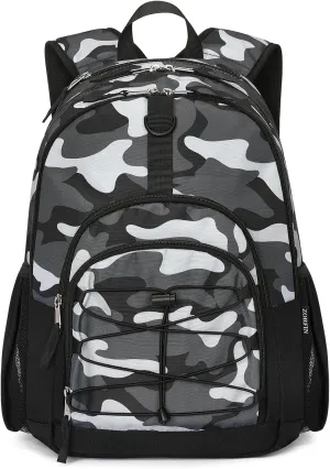 ZORFIN Backpack for School, Travel: Bookbag for Girls Boys - Kids Backpack with Multi Compartments - Camo Black
