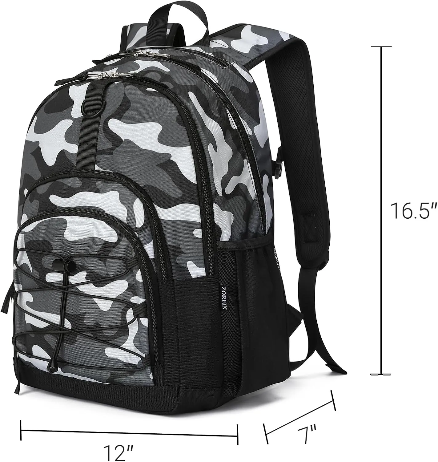 ZORFIN Backpack for School, Travel: Bookbag for Girls Boys - Kids Backpack with Multi Compartments - Camo Black