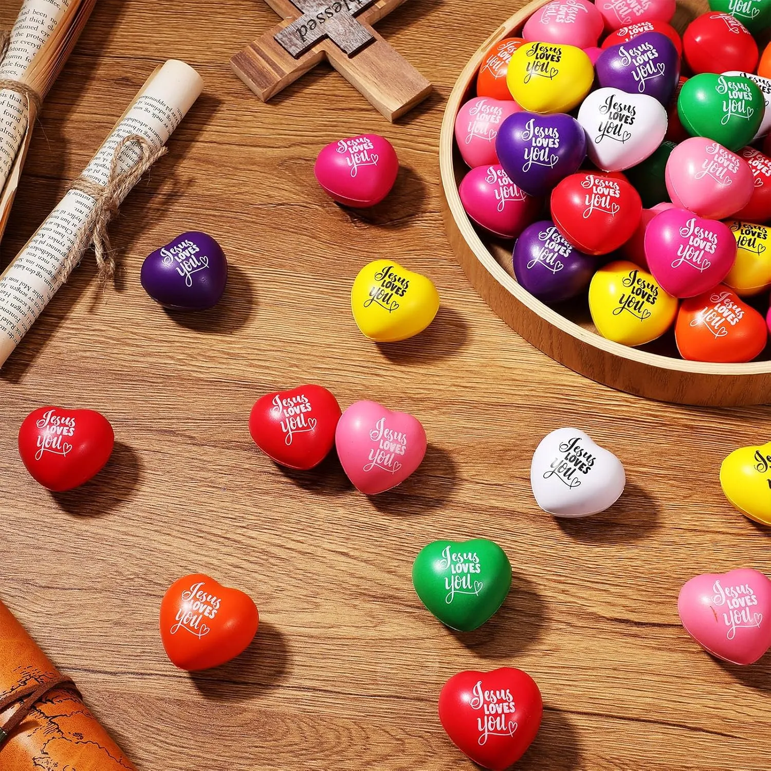 Zubebe 48 Pcs Jesus Loves You Heart Stress Balls Bulk 1.57 Inch Heart Stress Toy First Communion Baptism Heart Squeeze Ball Stress Relieve Toys Fidget Balls for Religious Party Gifts