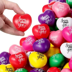 Zubebe 48 Pcs Jesus Loves You Heart Stress Balls Bulk 1.57 Inch Heart Stress Toy First Communion Baptism Heart Squeeze Ball Stress Relieve Toys Fidget Balls for Religious Party Gifts