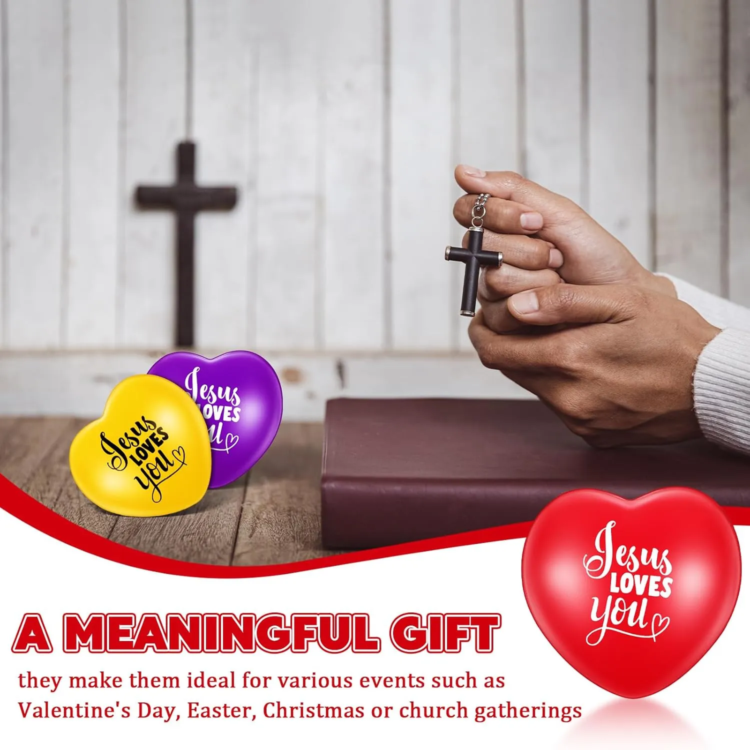 Zubebe 48 Pcs Jesus Loves You Heart Stress Balls Bulk 1.57 Inch Heart Stress Toy First Communion Baptism Heart Squeeze Ball Stress Relieve Toys Fidget Balls for Religious Party Gifts